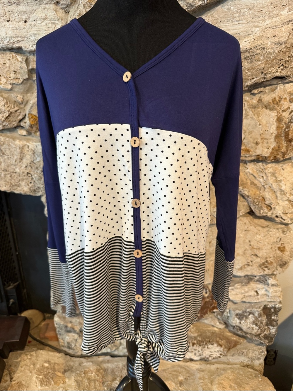 Women’s Navy and White Button-Front Short Sleeve Top